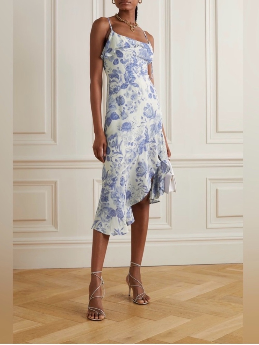 Reformation Liana Midi Dress Lucerne Floral Blue White Ruffle Slip Dress Size 4
